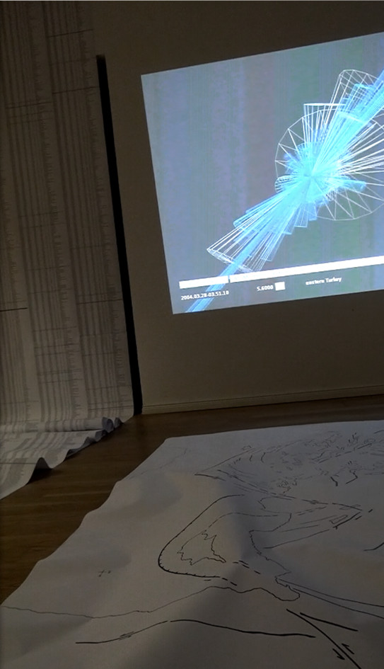 Earthquake catalog print,  vvvv animation, servo motors with tectonic map, Long night of the sciences, Library Helmert Haus, GFZ 