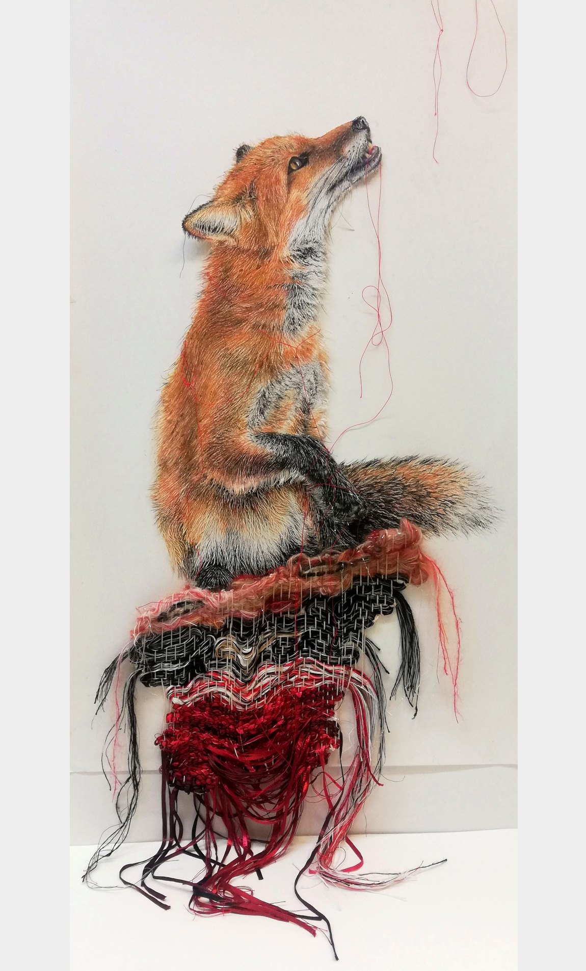 Fox (Prototyp) - Assembly of the Animals - Chalk pastels, cutouts, handwoven gobelin/tapestry, yarn/thread ~30 x 60cm, 