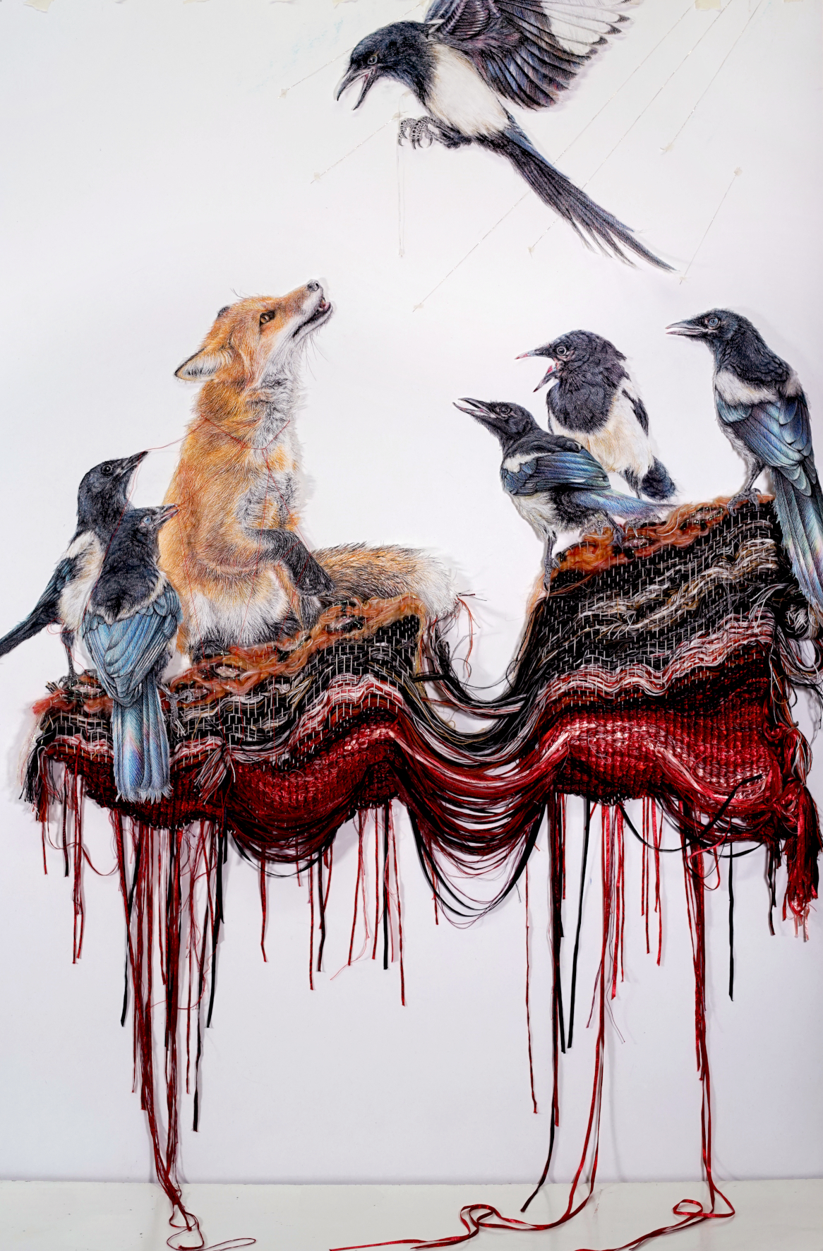 Fox and Magpies - Wing F3a - Assembly of the Animals - Chalk pastel, colour pencil on paper, cutout, yarn, handwoven gobelin,  detail: ~80 x 130cm, 2023